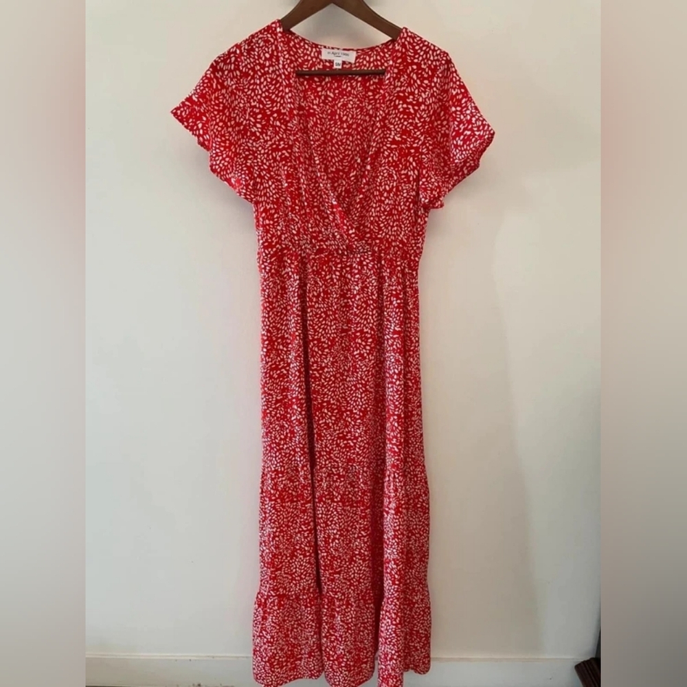 Red and White Printed Flutter Sleeve Dress